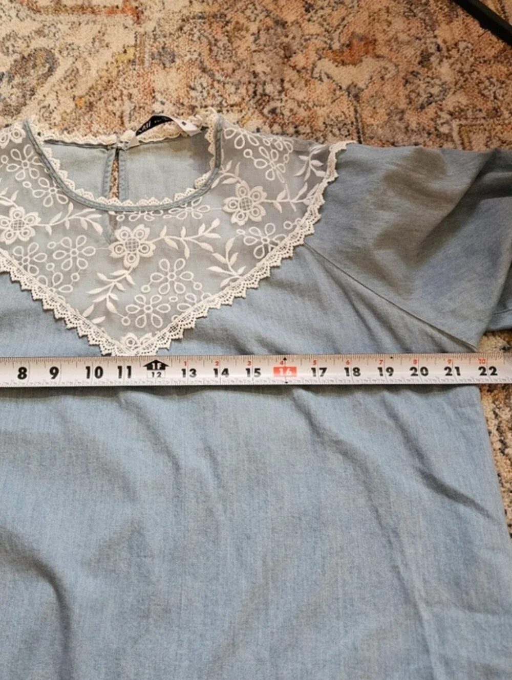 Zara Romantic Light Blue Cotton Blouse with White Embroidered Lace Yoke Medium